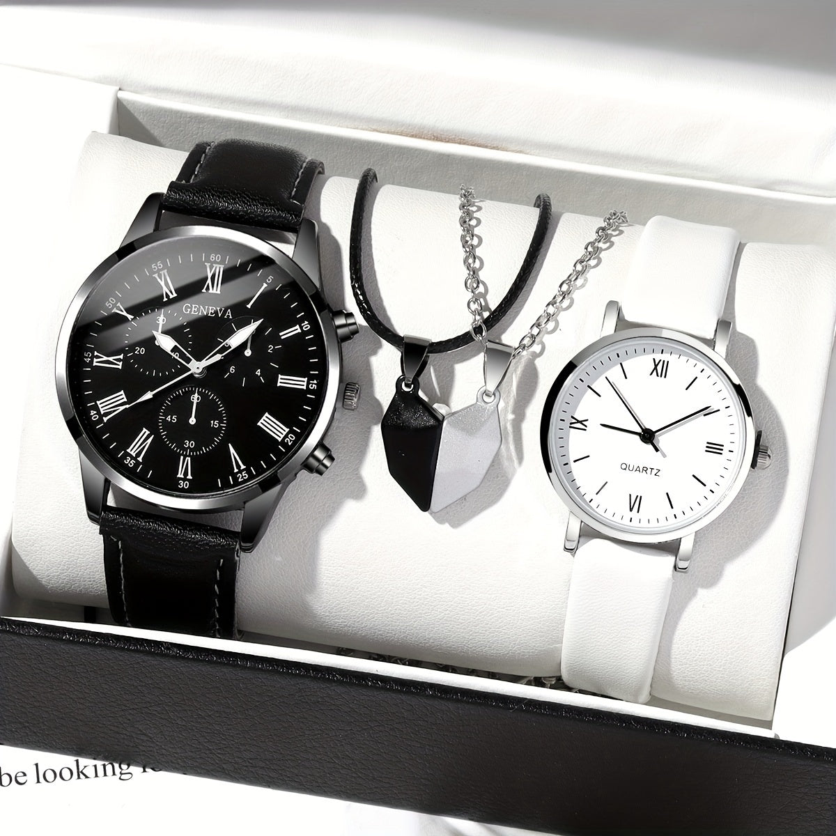 4pcs/set Romantic Couples Watch & Necklace Set - Stylish Quartz Watches with Adjustable Leather Bands & Matching Heart Pendants, Perfect Valentines Day Gift for Lovers