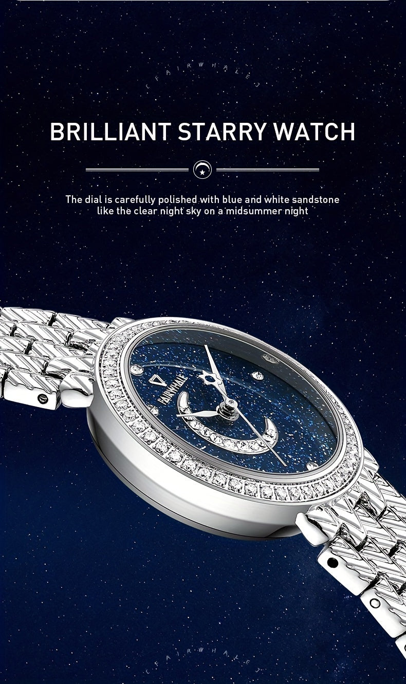 Round Quartz Watches Stainless Steel Strap Alloy Pointer Stainless Steel Rhinestone Dial Luminous Moon Phase Starry Sky Watches Gifts For Eid