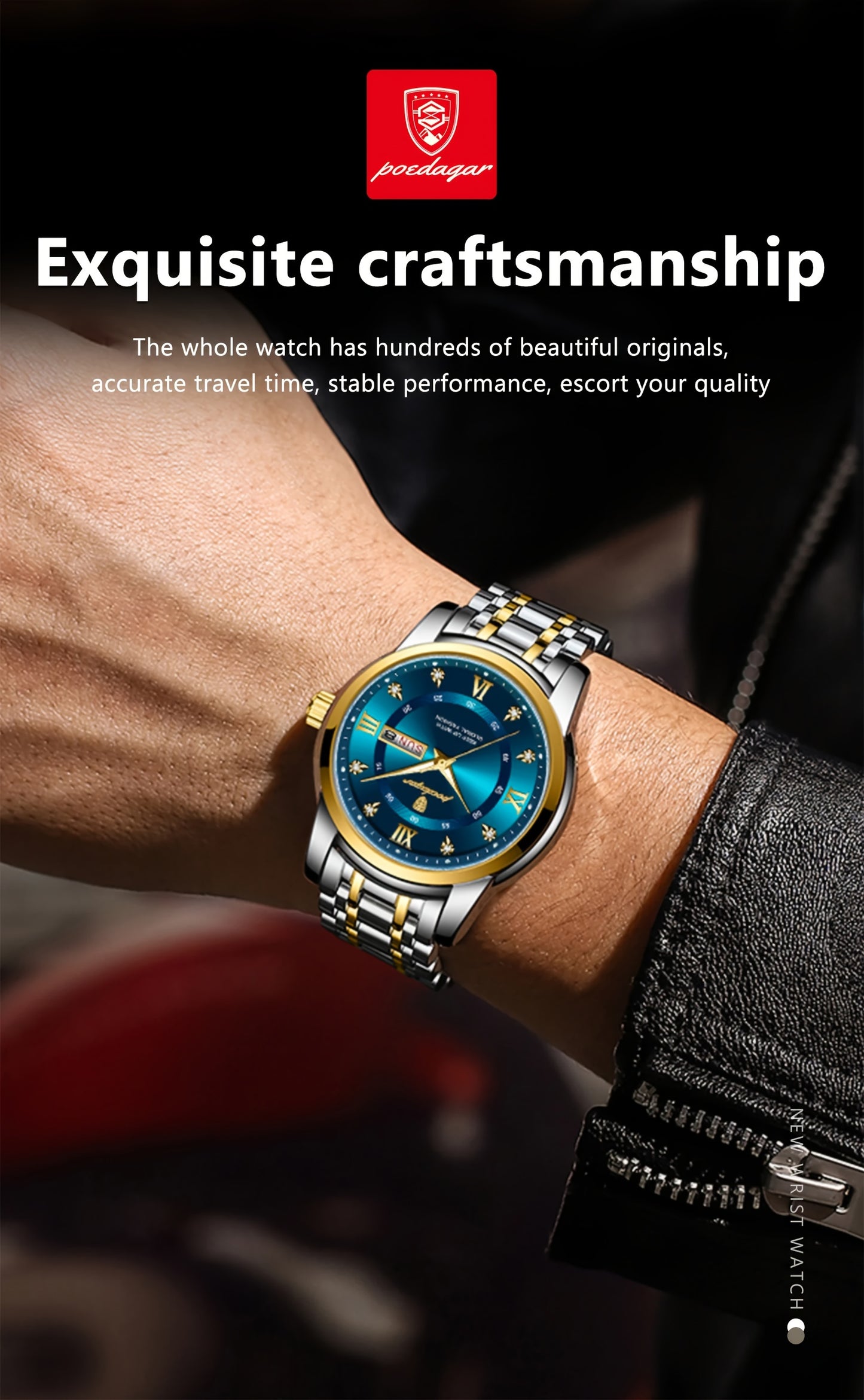 Elegant Date Week Waterproof Luminous Quartz Watch, Stainless Steel Sports Men's Watches