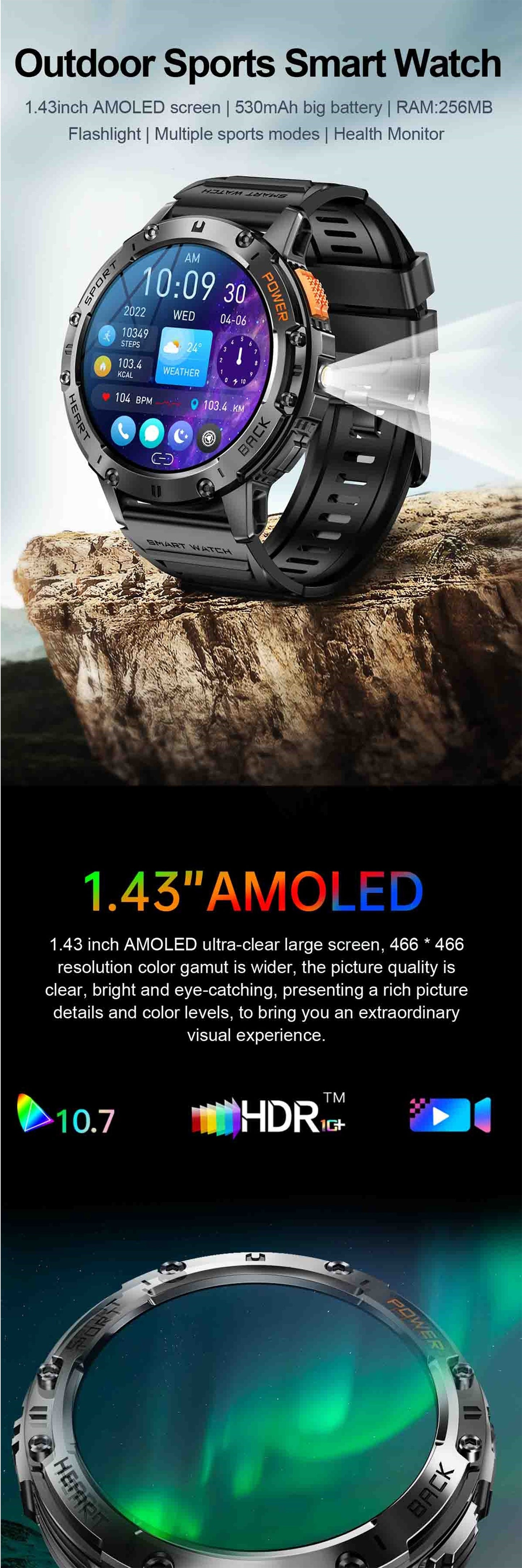 [Smart Watch] Tiwain Smart Watch | 1.43" Full Touch AMOLED Screen, 100+ Sport Modes, Flashlight, Answer Calls Wirelessly, Compatible with Android Phones and iPhone