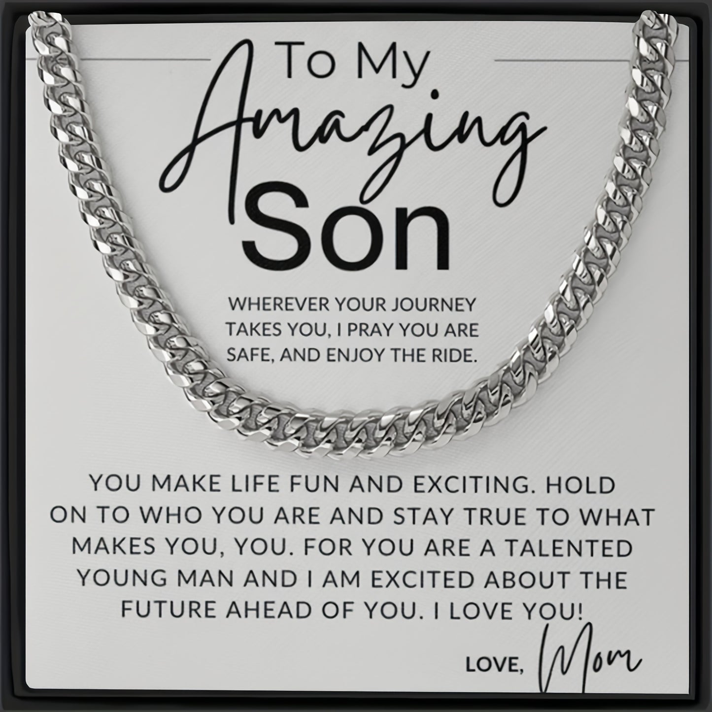 Personalized Silvery Gray Cuban Chain Necklace for Son, 304 Stainless Steel, Sports Theme, Minimalist Pendant, Unique Gift from Mom, High-Quality Jewelry
