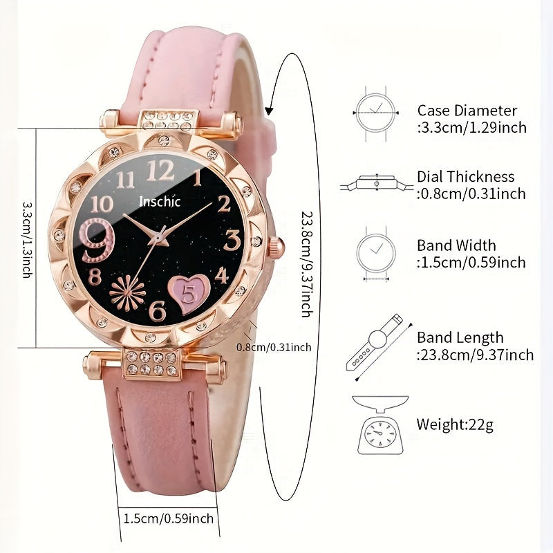 2pcs/set Women's Chic Quartz Heart-Shaped Watches and Sparkling Star Bracelet Set - an Elegant Gift For Her, The Perfect Choice For Valentine's Day
