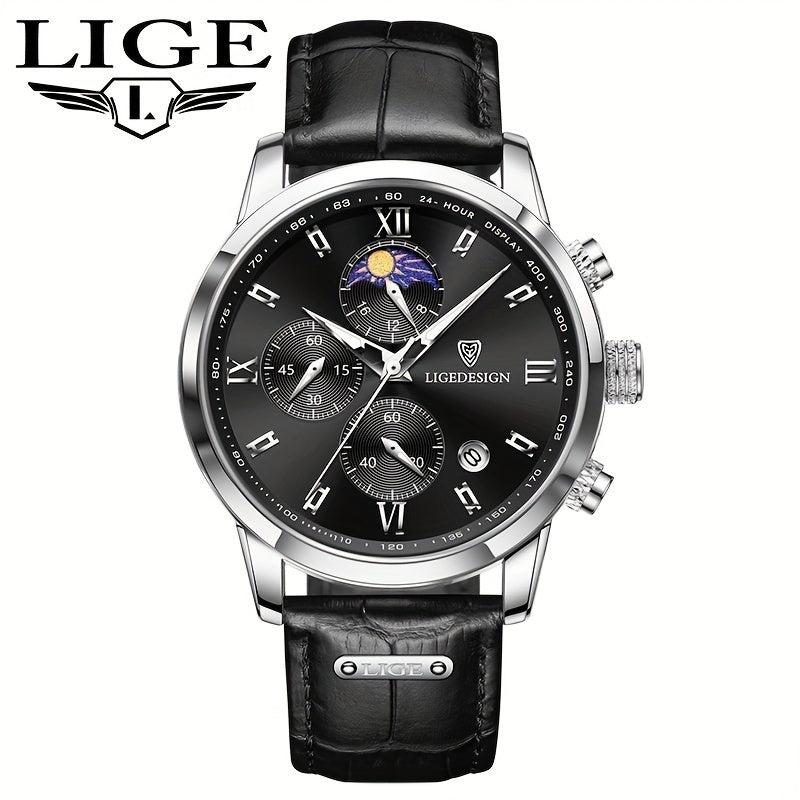 LIGE Men's Watch with Strap. Outdoor Sports Waterproof Watches. Chronograph Luminous Calendar Quartzwatches. Suitable as a Christmas gift.