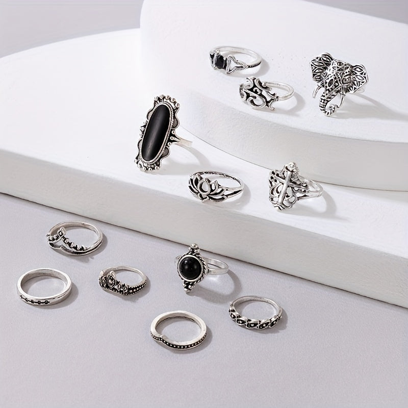12pcs Gothic Style Stacking Rings Trendy Cross/ Lotus/ Crown Design Mix And Match For Daily Outfits Perfect Accessories For Cool ladies