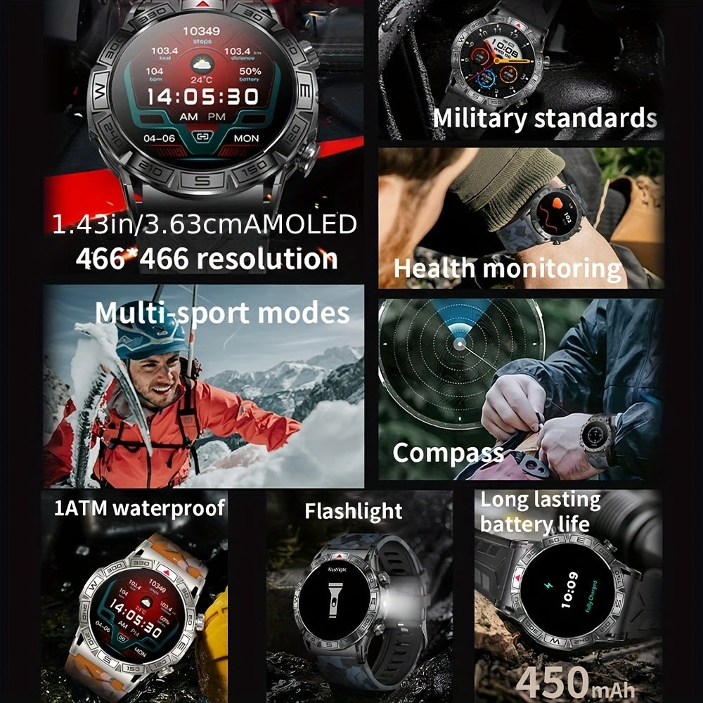 2024 New Outdoor Sport Smart Watch Men Women 1.43" AMOLED 450mAh Battery Wireless Calls SMS Notification Monitoring GPS Track+Altitude+Barometric Pressure+Compass+Flashlight Smart Watches For Android Iphone