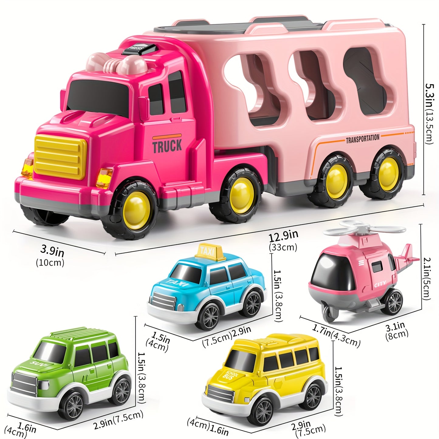Girls Truck Toys For 3 4 5 6 Year Old Girls, 5-in-1 Friction Power Vehicle Car Toy For Toddlers 3-6, Carrier Toys For Kids 3-5, Christmas Birthday Gifts For Girls Age 3-9