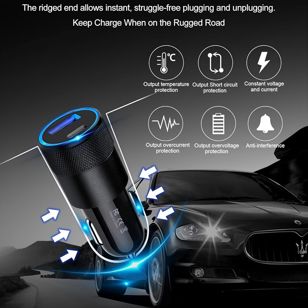 1pc USB A+C Dual Ports Mini Pull Ring Car Charger, Type-C Car Charger Mini Adapter For IPhone/Google/Huawei/Xiaomi/Android Phones