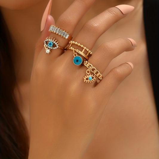 4pcs Punk Style Stacking Rings 14k Plated Trendy Evil Eye Design Inlaid Rectangular Gemstone Match Daily Outfits Party Accessories