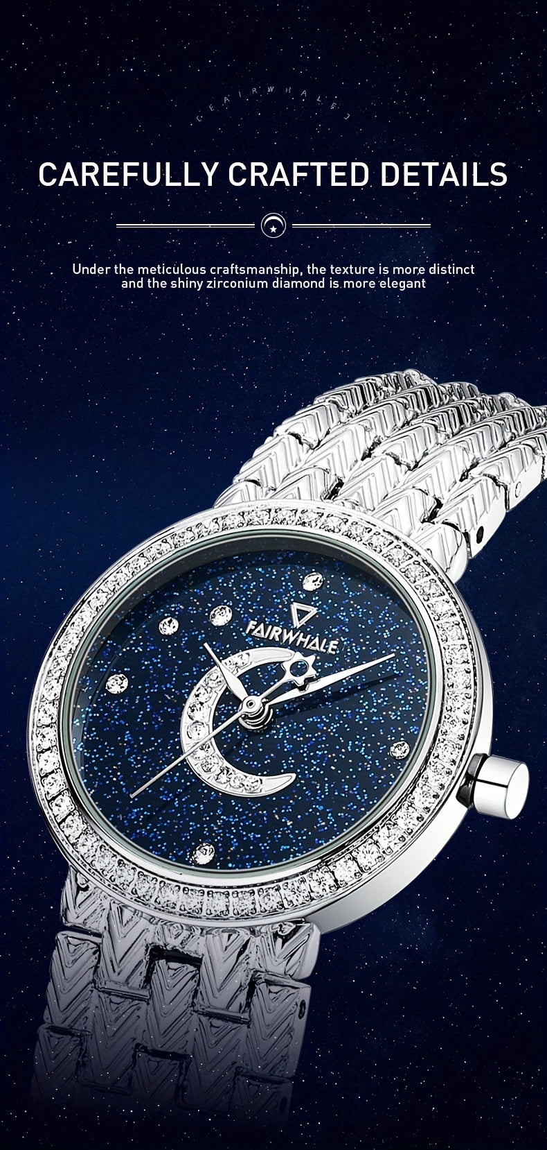 Round Quartz Watches Stainless Steel Strap Alloy Pointer Stainless Steel Rhinestone Dial Luminous Moon Phase Starry Sky Watches Gifts For Eid