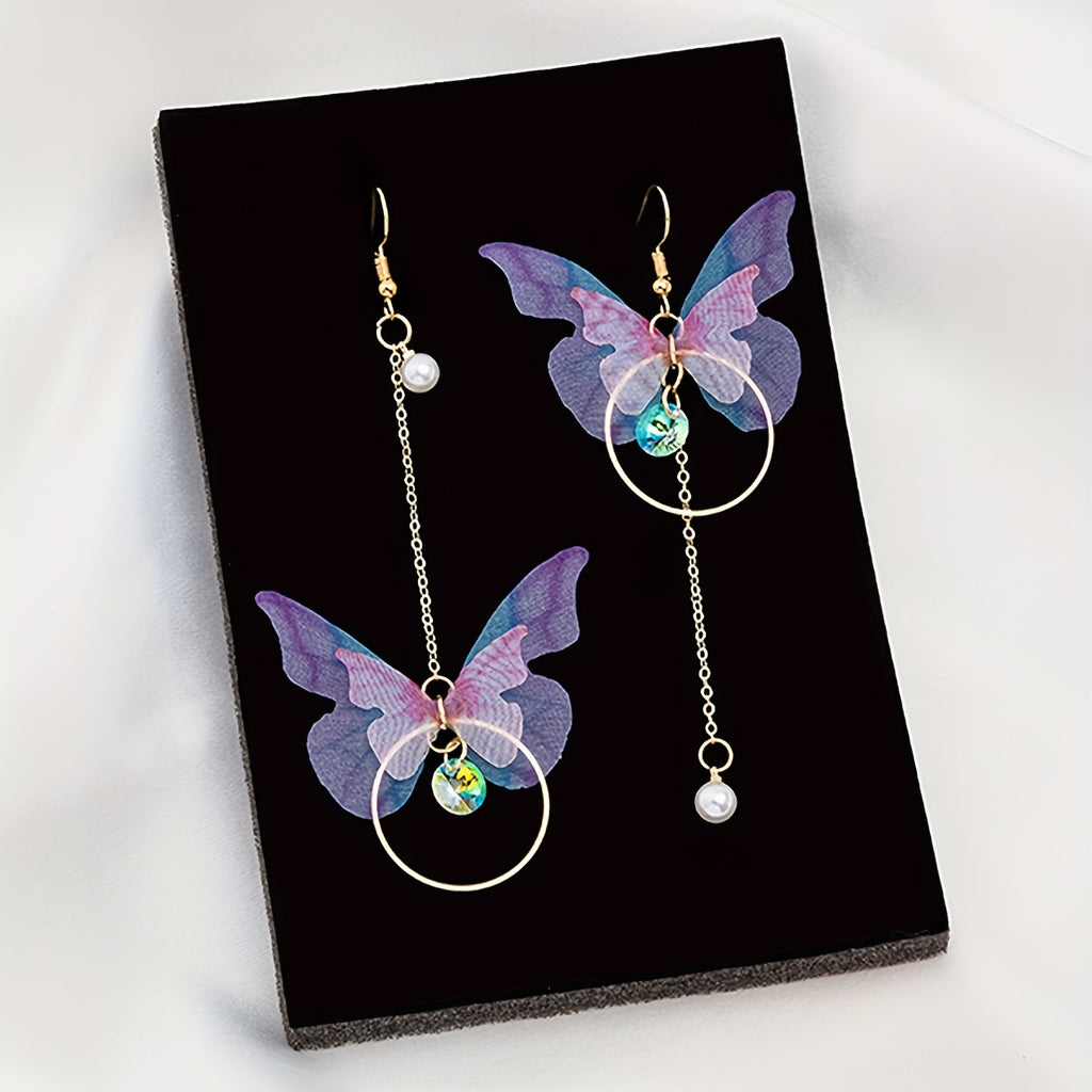 Stunning Butterfly Dangle Earrings - Drop & Dangle Jewelry with Sparkling Zirconia, Faux Pearl, Asymmetric Design, Silver Plated Alloy, Elegant and Eye-Catching Accessories for Women