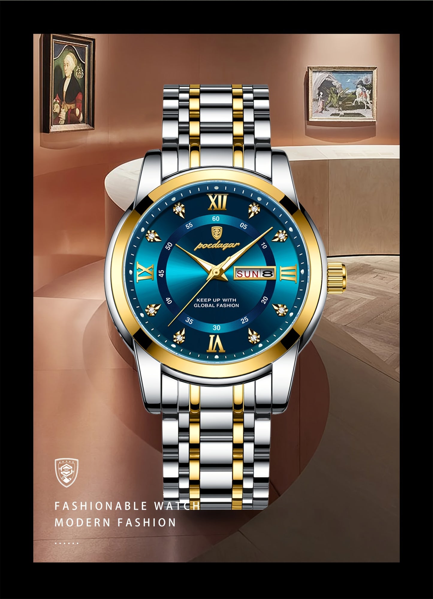 Elegant Date Week Waterproof Luminous Quartz Watch, Stainless Steel Sports Men's Watches