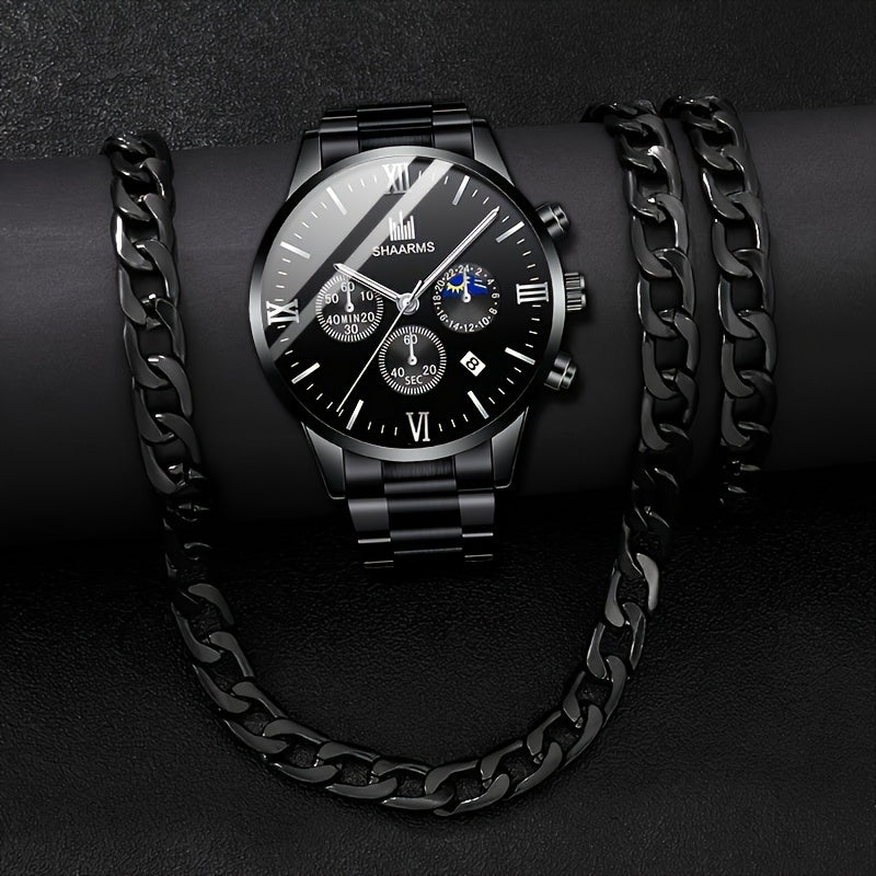 A Set Of 3 Stylish Stainless Steel Quartz Watches For Men, Perfect For Business, Leisure, And Sports. Comes With A Calendar Feature. Ideal As A Gift For Men.