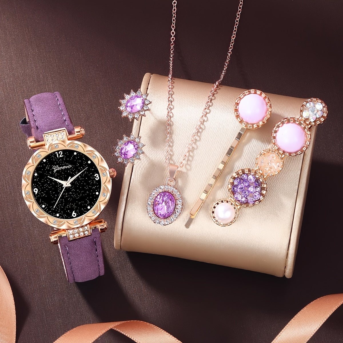 6pcs Purple Quartz Watches For Women Pu Leather Wrist Watch Alloy Pointer Jewelry Set Great Gift For Her Mom Girlfriend Gifts For Eid