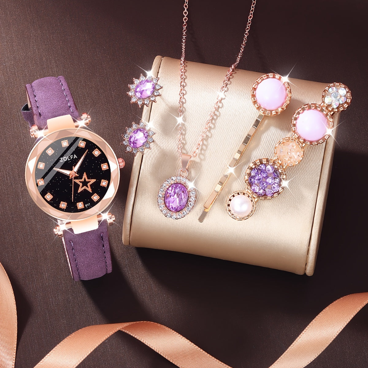 6pcs Purple Quartz Watches For Women Pu Leather Wrist Watch Alloy Pointer Jewelry Set Great Gift For Her Mom Girlfriend Gifts For Eid