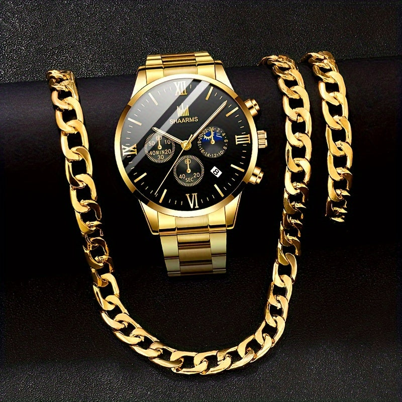 A Set Of 3 Stylish Stainless Steel Quartz Watches For Men, Perfect For Business, Leisure, And Sports. Comes With A Calendar Feature. Ideal As A Gift For Men.