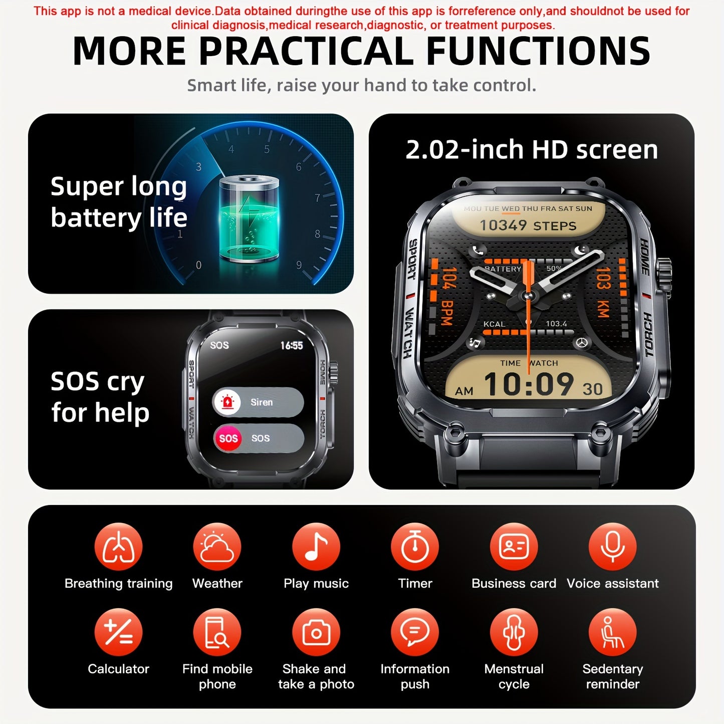 2.02" Smartwatch IP68 Waterproof for Men Women, Answer/Dial Calls Watch with LED Flashlight, Full Touch Screen Compatible with iPhone and Android Phones - Black