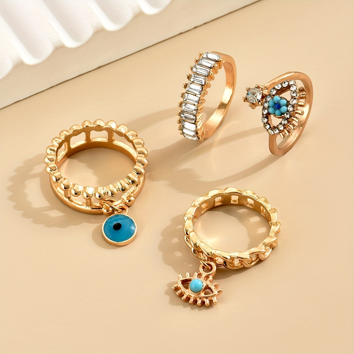 4pcs Punk Style Stacking Rings 14k Plated Trendy Evil Eye Design Inlaid Rectangular Gemstone Match Daily Outfits Party Accessories