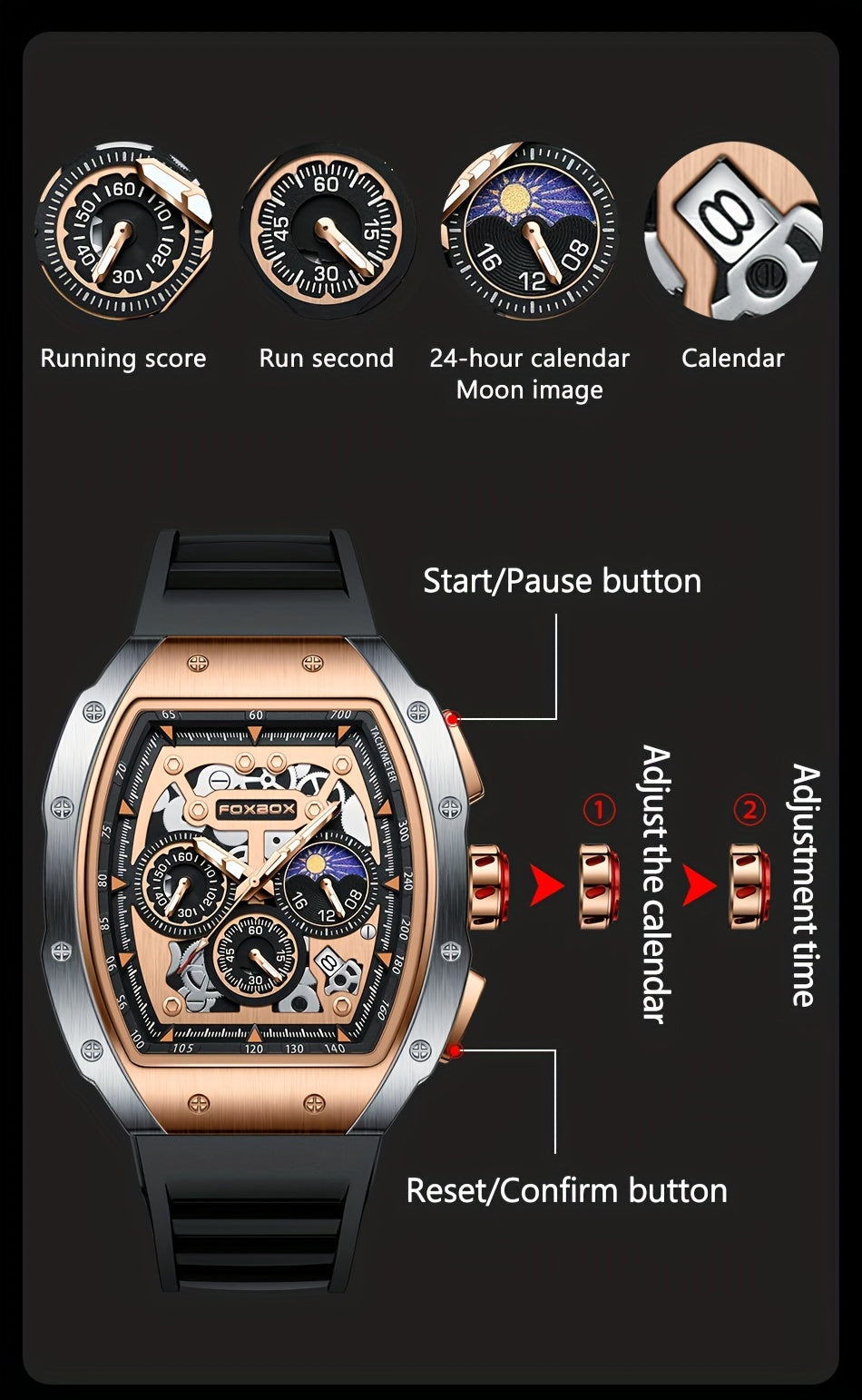 Foxbox Men's Waterproof Quartz Wristwatch, Date Sport Silicone Wrist Watches