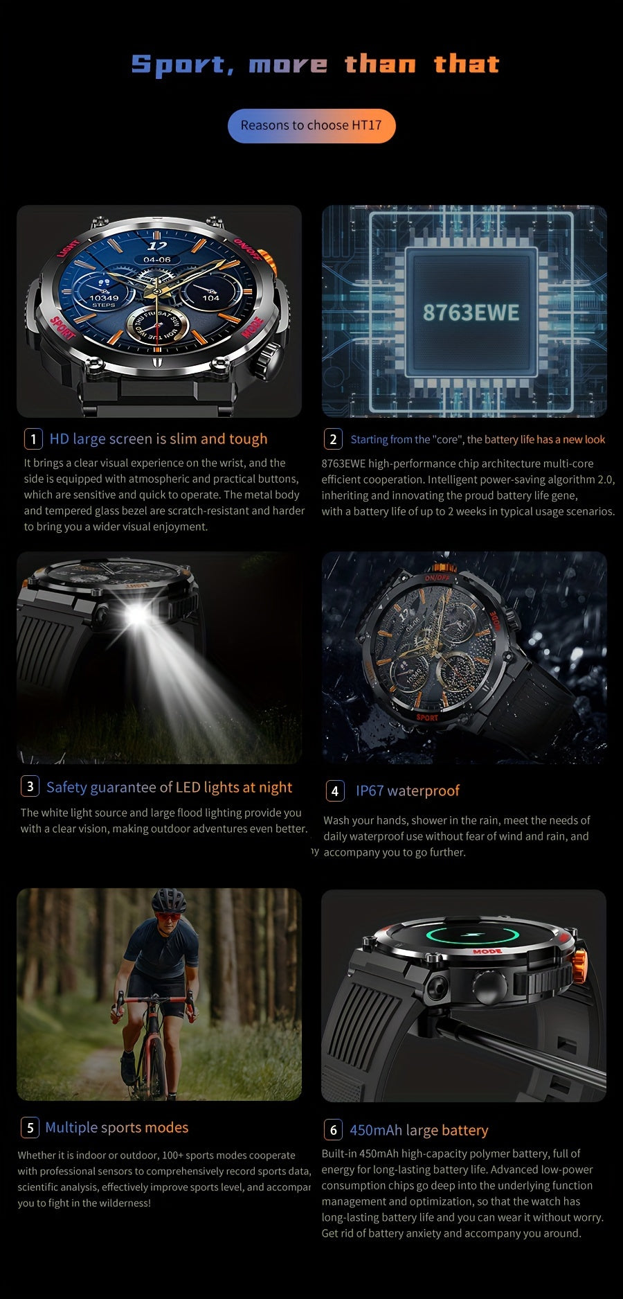 LIGE Smart Watch With 1.46" IPS High-definition Full Touch Screen/LED Lights/IP67 Waterproof/Customized Dials/Data/sports/sports Records/weather/information Reminders, Multi-functional Watches For Android And IPhone, Exquisit