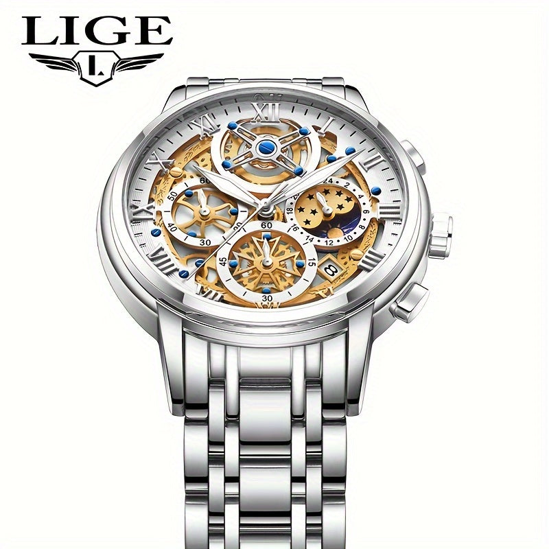 LIGE Noble Luxury Business men's Watch Stainless Steel Strap. Fashion Creative Gear Dial Waterproof Luminous Calendar Quartz Watches. Suitable for family gatherings as gifts