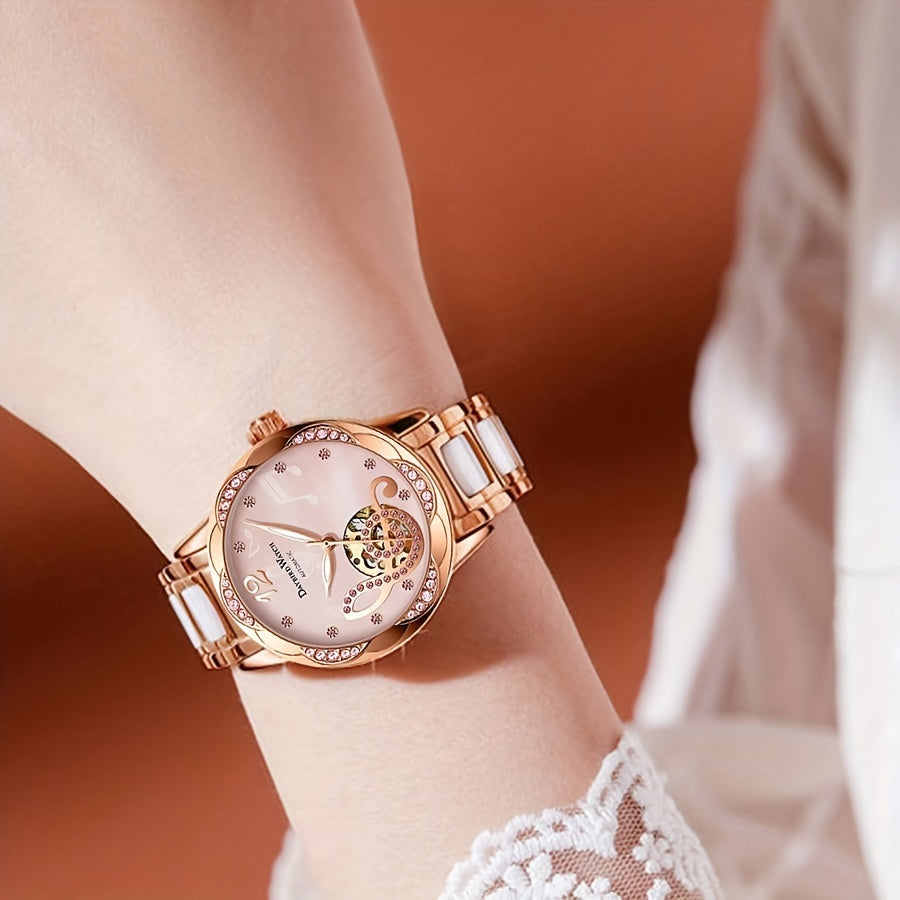Stunning Rose Golden White Alloy Elegant Casual Style Hollowed Out Mechanical Watch for Women - Girls Watches with Timeless Design, Precise Movement, and Durable Construction - Perfect Accessory for Any Occasion