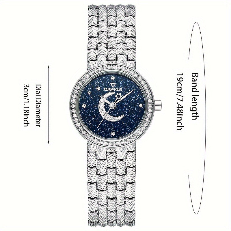 Round Quartz Watches Stainless Steel Strap Alloy Pointer Stainless Steel Rhinestone Dial Luminous Moon Phase Starry Sky Watches Gifts For Eid